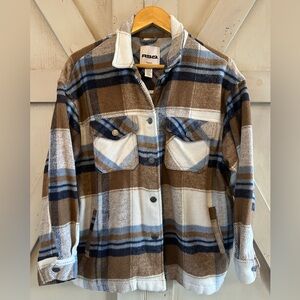RSQ Plaid Shacket Jacket Medium Brown Blue Cream